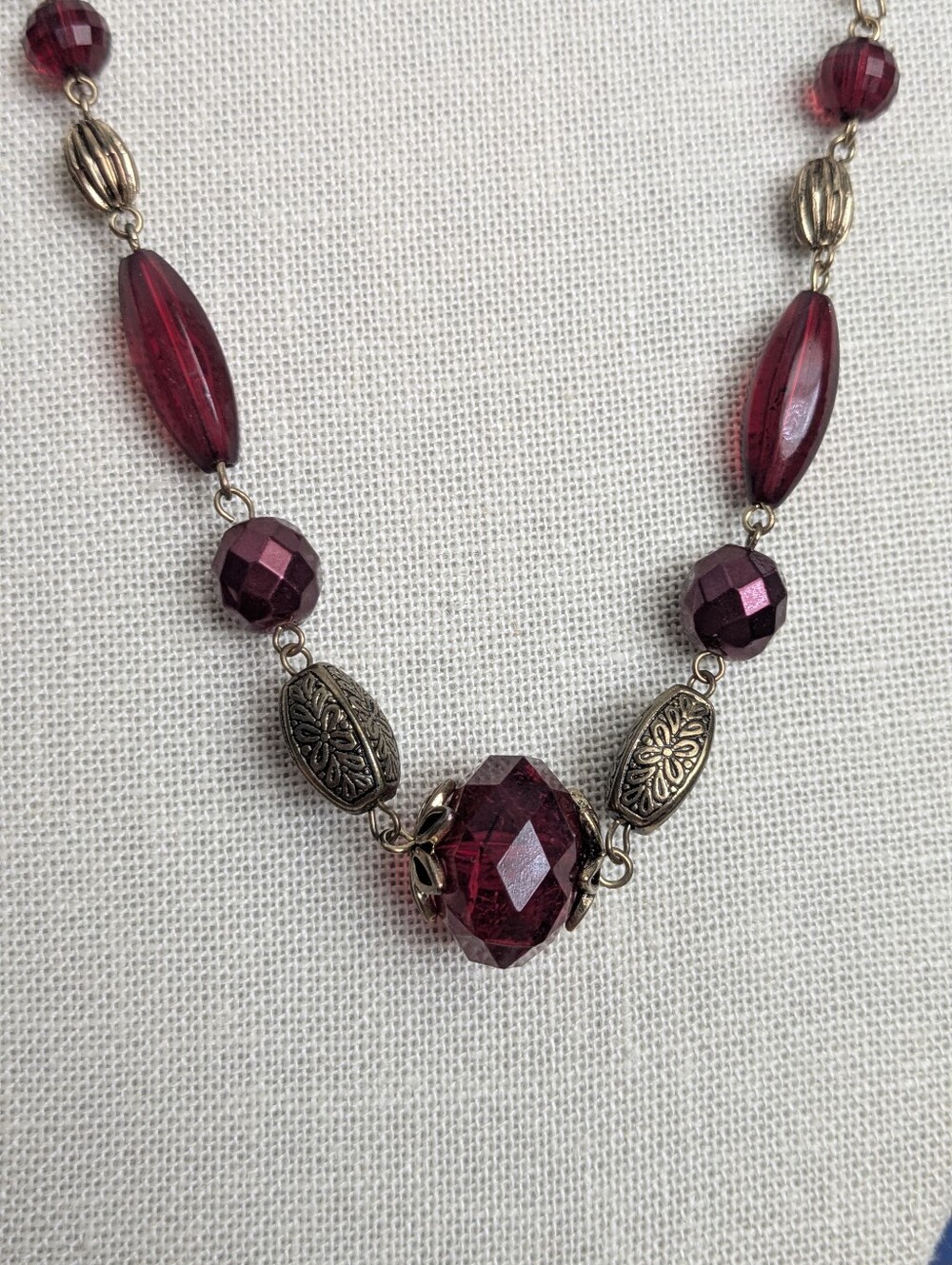 Vintage Style Cranberry Acrylic Beaded Necklace – 36” Long